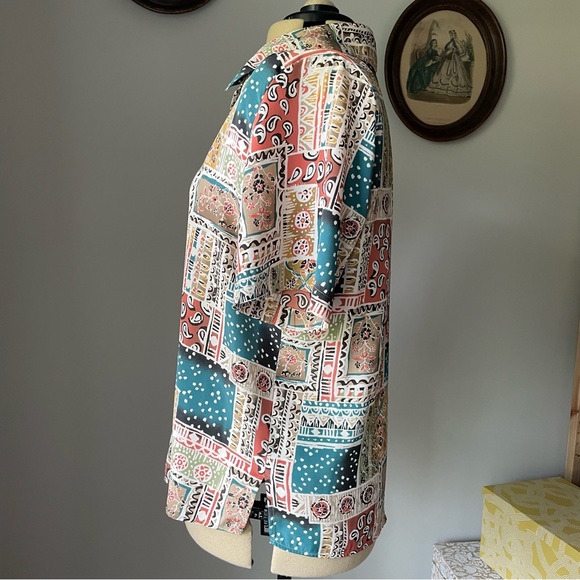 VINTAGE 1990s patchwork pattern button down blouse - Picture 6 of 11